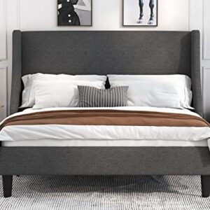 Allewie Full Size Bed Frame, Platform Bed Frame with Upholstered Headboard, Modern Deluxe Wingback, Wood Slat Support, Mattress Foundation, Dark Grey