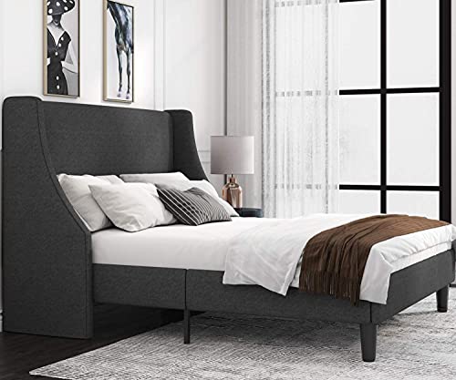 Allewie Full Size Bed Frame, Platform Bed Frame with Upholstered Headboard, Modern Deluxe Wingback, Wood Slat Support, Mattress Foundation, Dark Grey