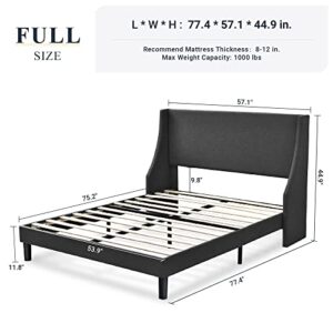 Allewie Full Size Bed Frame, Platform Bed Frame with Upholstered Headboard, Modern Deluxe Wingback, Wood Slat Support, Mattress Foundation, Dark Grey