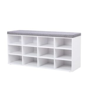 dinzi lvj shoe storage bench with cushion, cubby shoe rack with 12 cubbies, adjustable shelves, multifunctional shoe organizer bench for entryway, mudroom, hallway, closet and garage, white