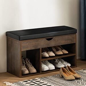 apicizon shoe storage bench, entryway bench with flip top storage space and padded cushion,wooden shoe bench for entryway, 2-tier shoe rack organizer for entryway and hallway, brown