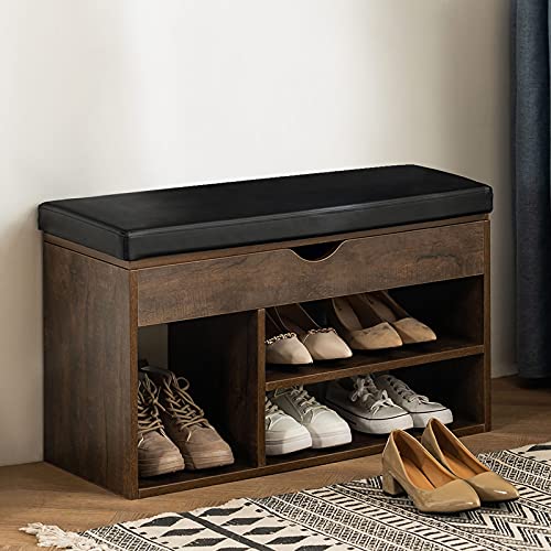 APICIZON Shoe Storage Bench, Entryway Bench with Flip Top Storage Space and Padded Cushion,Wooden Shoe Bench for Entryway, 2-Tier Shoe Rack Organizer for Entryway and Hallway, Brown