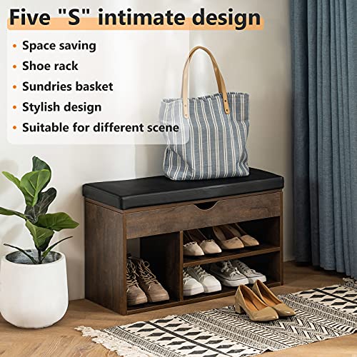 APICIZON Shoe Storage Bench, Entryway Bench with Flip Top Storage Space and Padded Cushion,Wooden Shoe Bench for Entryway, 2-Tier Shoe Rack Organizer for Entryway and Hallway, Brown