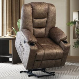 power lift recliner chair for elderly electric massage sofa with heated vibration,side pockets,cup holders, usb ports,massage remote control,fabric home theater seat living room reclining bed(brown a)