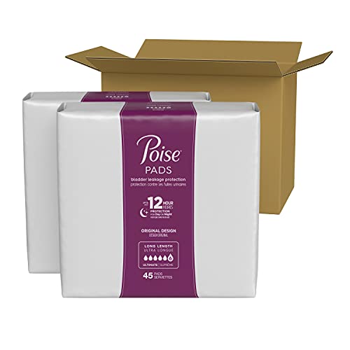 Poise Incontinence Pads for Women, Ultimate Absorbency, Long, Original Design, 90 Count (2 Packs of 45) (Packaging May Vary)