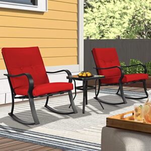 SOLAURA 3-Piece Outdoor Rocking Chairs Bistro Set, Black Iron Patio Furniture with Red Thickened Cushion & Glass-Top Coffee Table