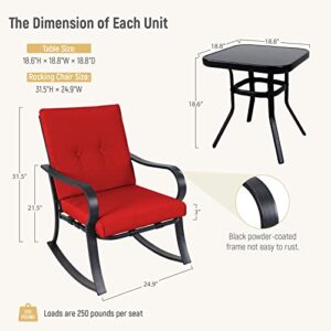 SOLAURA 3-Piece Outdoor Rocking Chairs Bistro Set, Black Iron Patio Furniture with Red Thickened Cushion & Glass-Top Coffee Table