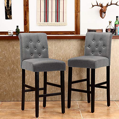 LSSBOUGHT 30 Inches Stylish Fabric Barstools with Solid Wood Legs and Button-Tufted Back,Set of 2 (Gray)