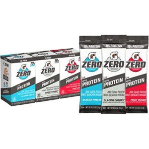 gatorade zero with protein powder packets, 10g whey protein isolate, zero sugar, electrolytes, 3 flavor variety pack, 0.52oz (pack of 30)