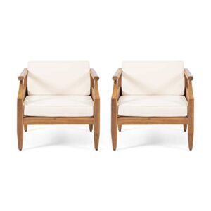 christopher knight home daisy outdoor club chair with cushion (set of 2), teak finish, cream