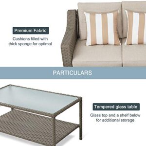 SOLAURA Patio Furniture Set Outdoor Conversation Set All Weather Wicker Furniture 4 Pieces Sectional Sofa Set with Tempered Glass Coffee Table-Gray