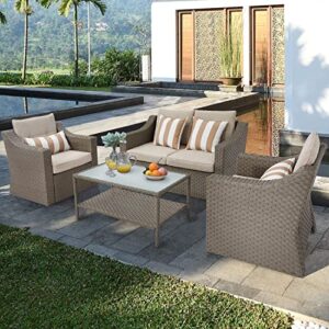 SOLAURA Patio Furniture Set Outdoor Conversation Set All Weather Wicker Furniture 4 Pieces Sectional Sofa Set with Tempered Glass Coffee Table-Gray