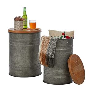 glitzhome rustic storage ottoman seat stool, farmhouse nesting end table, galvanized barrel metal accent side table toy box bin with round wood lid for living room furniture, set of 2, grey