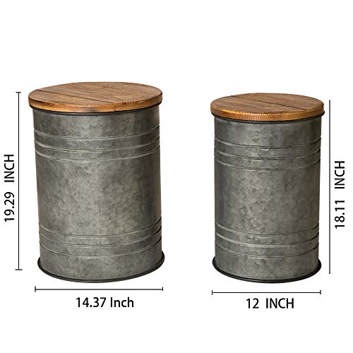 glitzhome Rustic Storage Ottoman Seat Stool, Farmhouse Nesting End Table, Galvanized Barrel Metal Accent Side Table Toy Box Bin with Round Wood Lid for Living Room Furniture, Set of 2, Grey