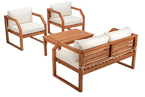 Safavieh PAT7067A Outdoor DREN Natural Brown 4-Piece Beige Seat Cushions Included Patio Set