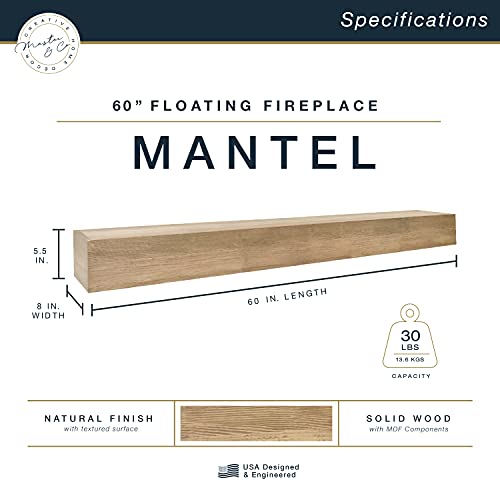 Master and Co. 60 Inch Floating Wood Fireplace Mantel, Natural