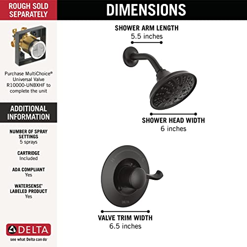 Delta Faucet Esato 14 Series Single-Handle Black Shower Faucet, Shower Trim Kit with 5-Spray H2Okinetic Black Shower Head, Matte Black 142897-BL (Valve Included)