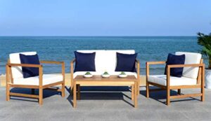 safavieh outdoor collection montez natural/ beige cushions/ navy pillows 4-piece conversation patio set