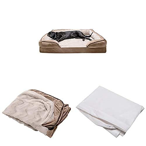 Furhaven Pet Bundle - Jumbo Plus Brownstone Cooling Gel Memory Foam Plush & Velvet Waves Perfect Comfort Sofa, Extra Dog Bed Cover, & Water-Resistant Mattress Liner for Dogs & Cats