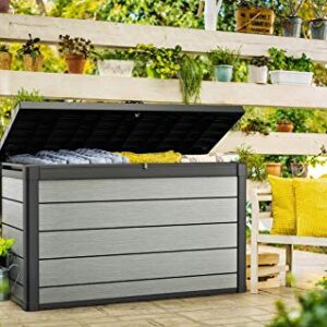 Keter Denali 200 Gallon Resin Large Deck Box-Organization and Storage for Patio Furniture, Outdoor Cushions, Garden Tools and Pool Toys, Grey & Black