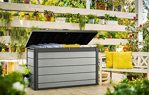 Keter Denali 200 Gallon Resin Large Deck Box-Organization and Storage for Patio Furniture, Outdoor Cushions, Garden Tools and Pool Toys, Grey & Black