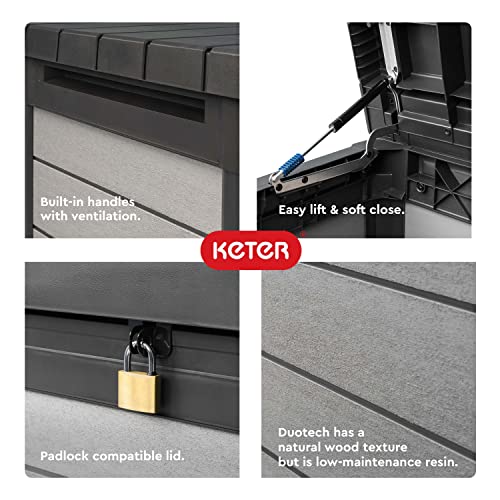 Keter Denali 200 Gallon Resin Large Deck Box-Organization and Storage for Patio Furniture, Outdoor Cushions, Garden Tools and Pool Toys, Grey & Black