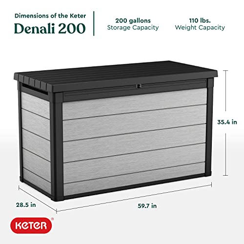 Keter Denali 200 Gallon Resin Large Deck Box-Organization and Storage for Patio Furniture, Outdoor Cushions, Garden Tools and Pool Toys, Grey & Black