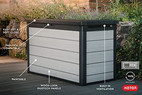 Keter Denali 200 Gallon Resin Large Deck Box-Organization and Storage for Patio Furniture, Outdoor Cushions, Garden Tools and Pool Toys, Grey & Black