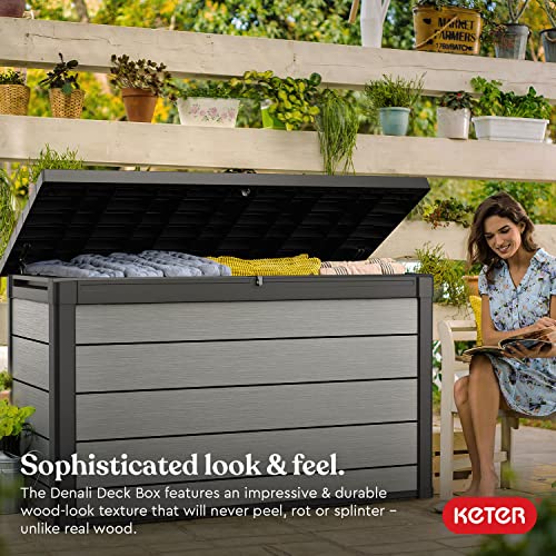 Keter Denali 200 Gallon Resin Large Deck Box-Organization and Storage for Patio Furniture, Outdoor Cushions, Garden Tools and Pool Toys, Grey & Black