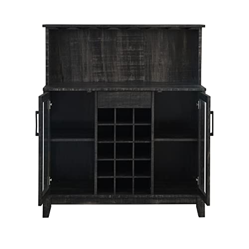 Home Source Bar Cabinet with Wine Rack and Glass Doors in Charcoal Finish