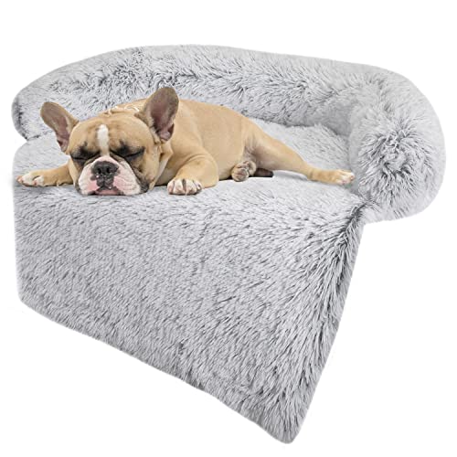 Fluffy Dog Bed for Couch Cover Dog Bed with Sides for Small, Medium Large Dogs; Protect Upholstered Chair Leather Sofa from Shedding Hair Claw Damage; Cat Dog Bed Blanket (Medium, Grey)