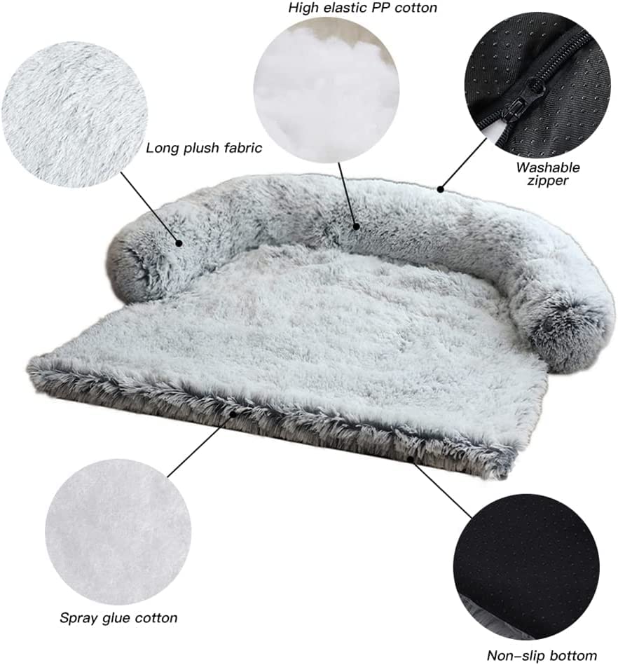 Fluffy Dog Bed for Couch Cover Dog Bed with Sides for Small, Medium Large Dogs; Protect Upholstered Chair Leather Sofa from Shedding Hair Claw Damage; Cat Dog Bed Blanket (Medium, Grey)