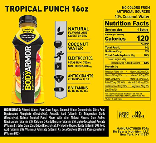 BODYARMOR Sports Drink Sports Beverage, Tropical Punch, Natural Flavor With Vitamins, Potassium-Packed Electrolytes, Perfect For Athletes, 16 Fl Oz (Pack of 12)