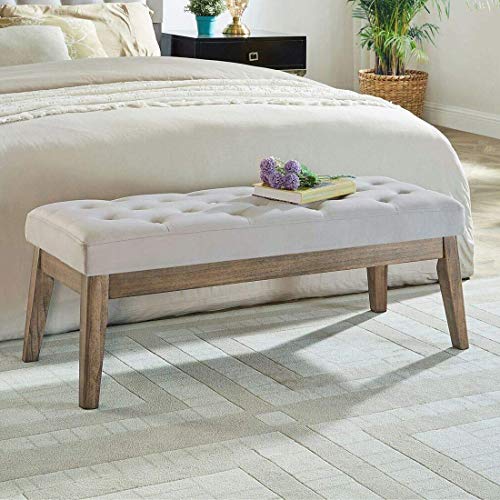24KF Velvet Upholstered Tufted Bench with Solid Wood Leg,Ottoman with Padded Seat-Taupe