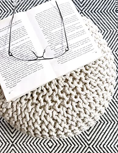 FRELISH DECOR Round Pouf Ottoman Hand Knitted Cotton Poufs Footrest,Foot Stool, Knit Bean Bag Floor Chair for Bed Room Living Room | Accent Seat | Boho Decor | Stuffed Pouffe (20x20x14 Inch, Natural)