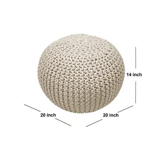 FRELISH DECOR Round Pouf Ottoman Hand Knitted Cotton Poufs Footrest,Foot Stool, Knit Bean Bag Floor Chair for Bed Room Living Room | Accent Seat | Boho Decor | Stuffed Pouffe (20x20x14 Inch, Natural)