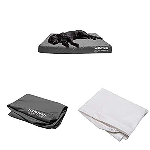 Furhaven Pet Bundle - Jumbo Plus Stone Gray Deluxe Orthopedic Water-Resistant Indoor Outdoor Logo Print Mattress, Extra Dog Bed Cover, & Water-Resistant Mattress Liner for Dogs & Cats