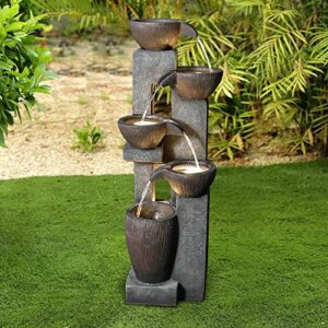 naturefalls 5-tier outdoor water fountains with led lights – 39”h floor standing indoor water fountains for garden, patio, deck, porch – yard art decor (grey, 39h inches)