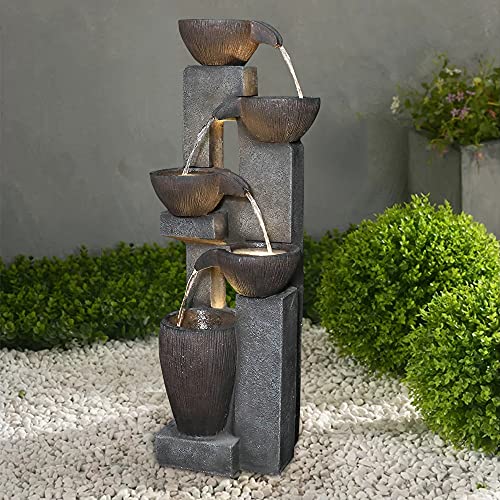 Naturefalls 5-Tier Outdoor Water Fountains with LED Lights - 39”H Floor Standing Indoor Water Fountains for Garden, Patio, Deck, Porch - Yard Art Decor (Grey, 39H inches)