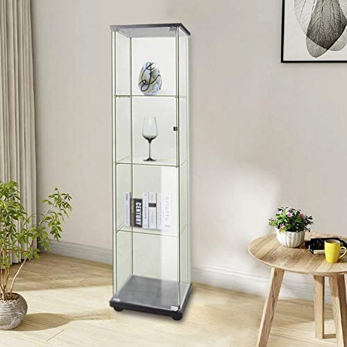 FANYUSHOW Glass-Door Cabinet, 4-Shelf Curio Cabinet,Glass Display Shelf,Glass Display Cabinet,Black