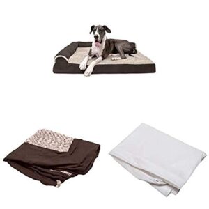 furhaven pet bundle – jumbo plus espresso deluxe orthopedic two-tone plush faux fur & suede l shaped chaise, extra dog bed cover, & water-resistant mattress liner for dogs & cats