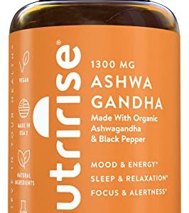 NutriRise Organic Ashwagandha Root Capsules with Black Pepper, 1300mg, Natural Stress & Mood, Thyroid, and Immune Support Supplement, Nootropic for Focus & Energy, Gluten Free, 120 Count