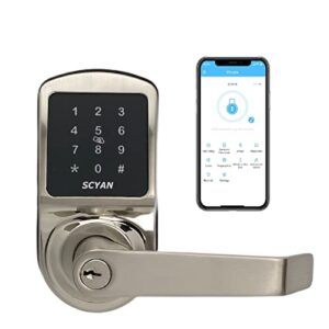 smart door lock, keyless door lock, scyan x2 handle lock with touchscreen keypad access, auto locking, for home, office, airbnb, rental house (satin nickel)