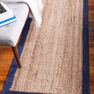 Agro Richer Rug Beige Blue Border Jute Hand Braided Rectangle Shape Home Living Room Living Room Farmhouse Carpet Rag Rug (180 x 240 Cm (6x8 Feet))