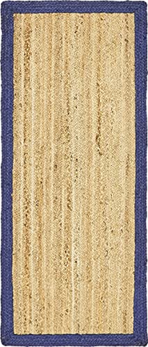 Agro Richer Rug Beige Blue Border Jute Hand Braided Rectangle Shape Home Living Room Living Room Farmhouse Carpet Rag Rug (180 x 240 Cm (6x8 Feet))