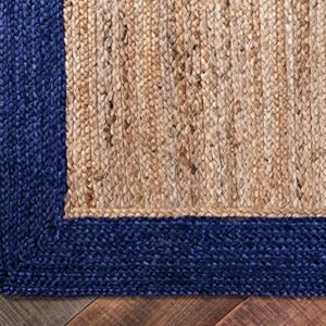 Agro Richer Rug Beige Blue Border Jute Hand Braided Rectangle Shape Home Living Room Living Room Farmhouse Carpet Rag Rug (180 x 240 Cm (6x8 Feet))