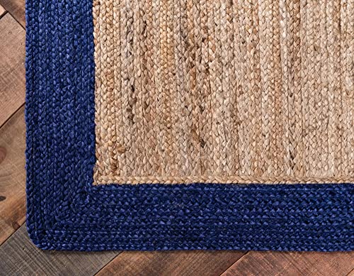 Agro Richer Rug Beige Blue Border Jute Hand Braided Rectangle Shape Home Living Room Living Room Farmhouse Carpet Rag Rug (180 x 240 Cm (6x8 Feet))