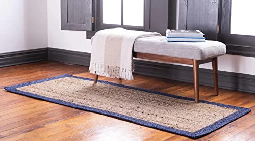 Agro Richer Rug Beige Blue Border Jute Hand Braided Rectangle Shape Home Living Room Living Room Farmhouse Carpet Rag Rug (180 x 240 Cm (6x8 Feet))