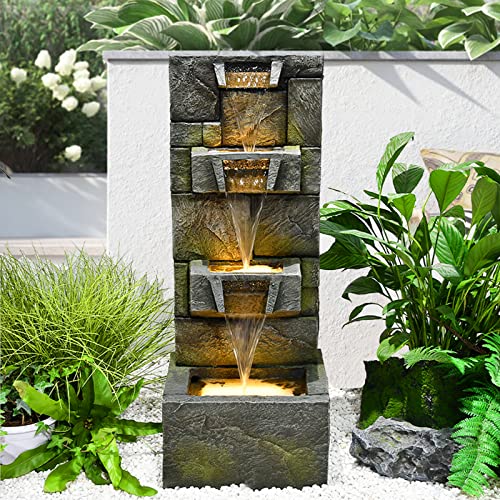 SERBILHOME 32.28”Water Fountain Outdoor Modern Floor-Standing Fountain Indoor with LED Lights and Pump Waterfall Fountain for Garden, House, Office, Garden, Patio and Home Art Decor