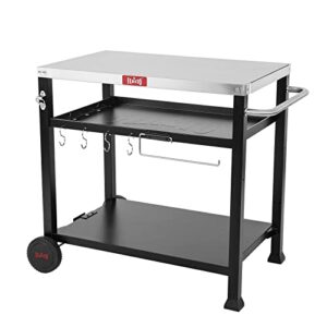 feasto three-shelf movable food prep and work cart table, home and outdoor multifunctional stainless steel table top worktable on two wheels, l39.5’’x w25.6’’x h33’’